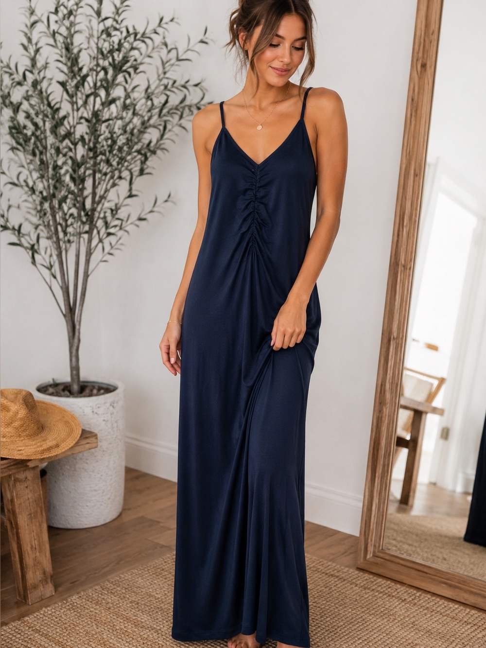 NLT Navy Blue Ruched Maxi Dress Spaghetti Strap Side Slit Size Small NWOT